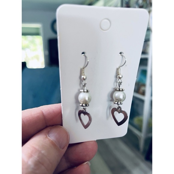 Earrings Heart Silver Tone White Bead Drop Hook Handmade Cottage Love Boho Chic - Picture 2 of 11
